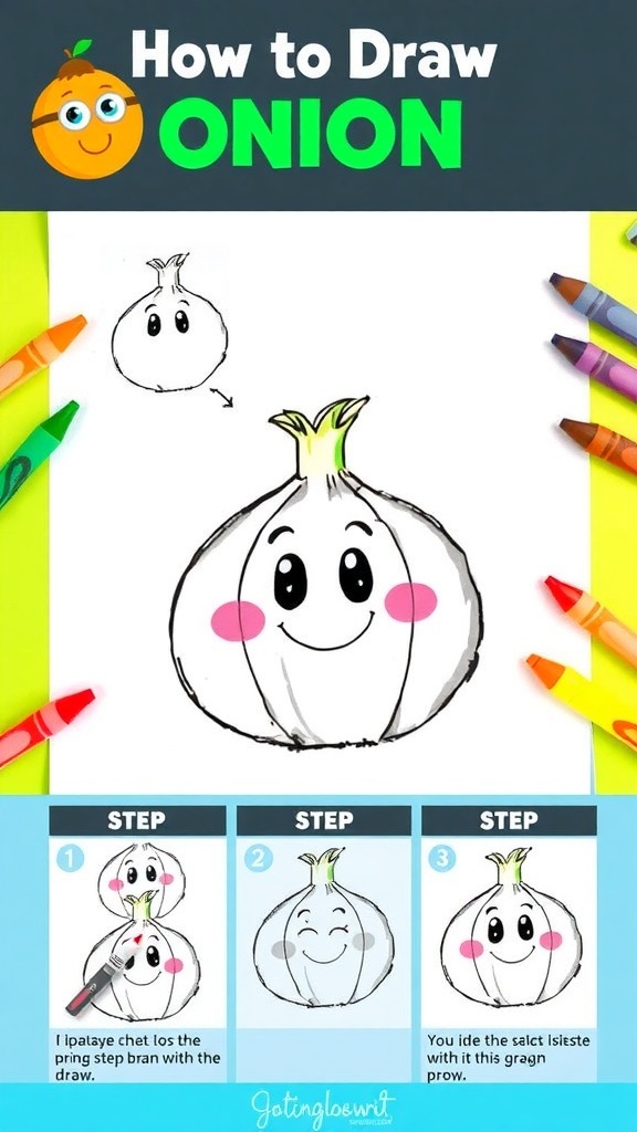 A simple onion drawing tutorial for kids with a cartoon onion and art supplies.
